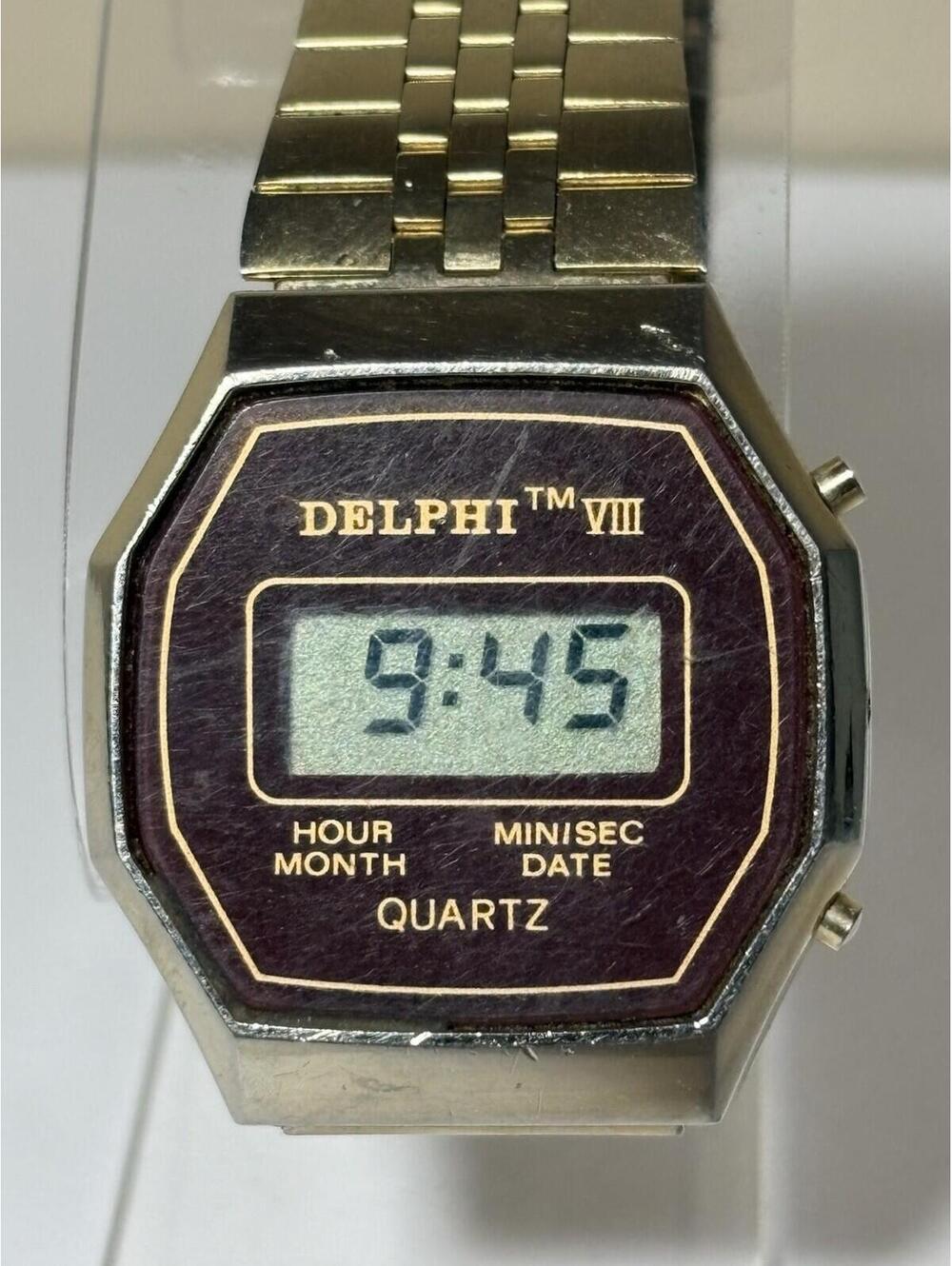 Vtg Delphi VIII Gold Tone Maroon Dial Digital Quartz LCD Watch - New Battery